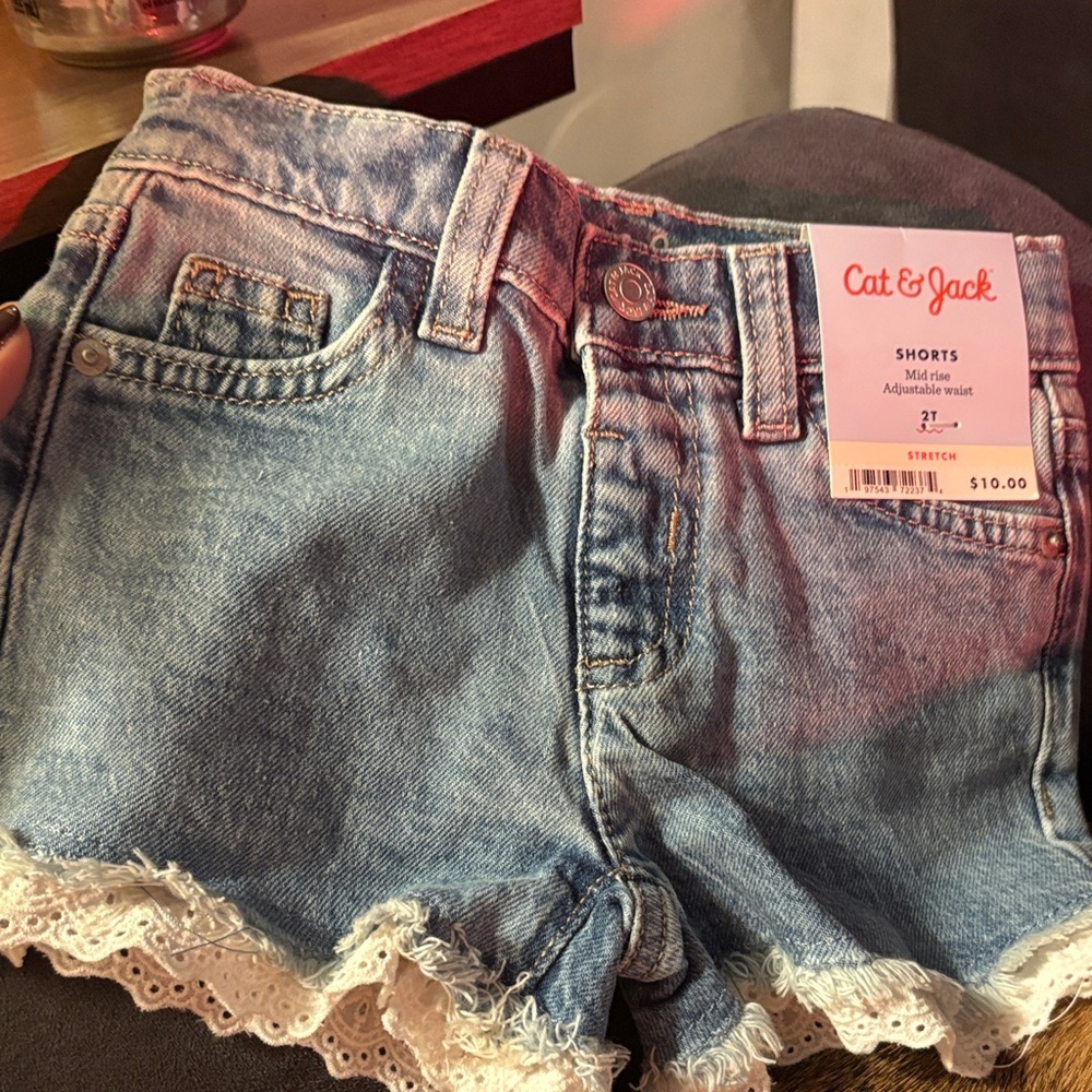 Cat & Jack Light Blue Denim Shorts with White Lace Trim
